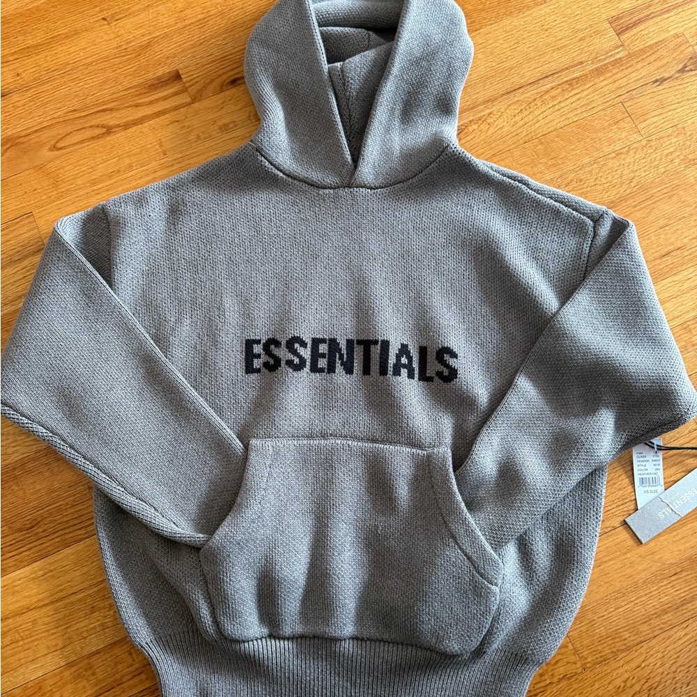 Fear of God Essentials Gray (Heather Oat) Knit Hoodie with Black Chest Logo